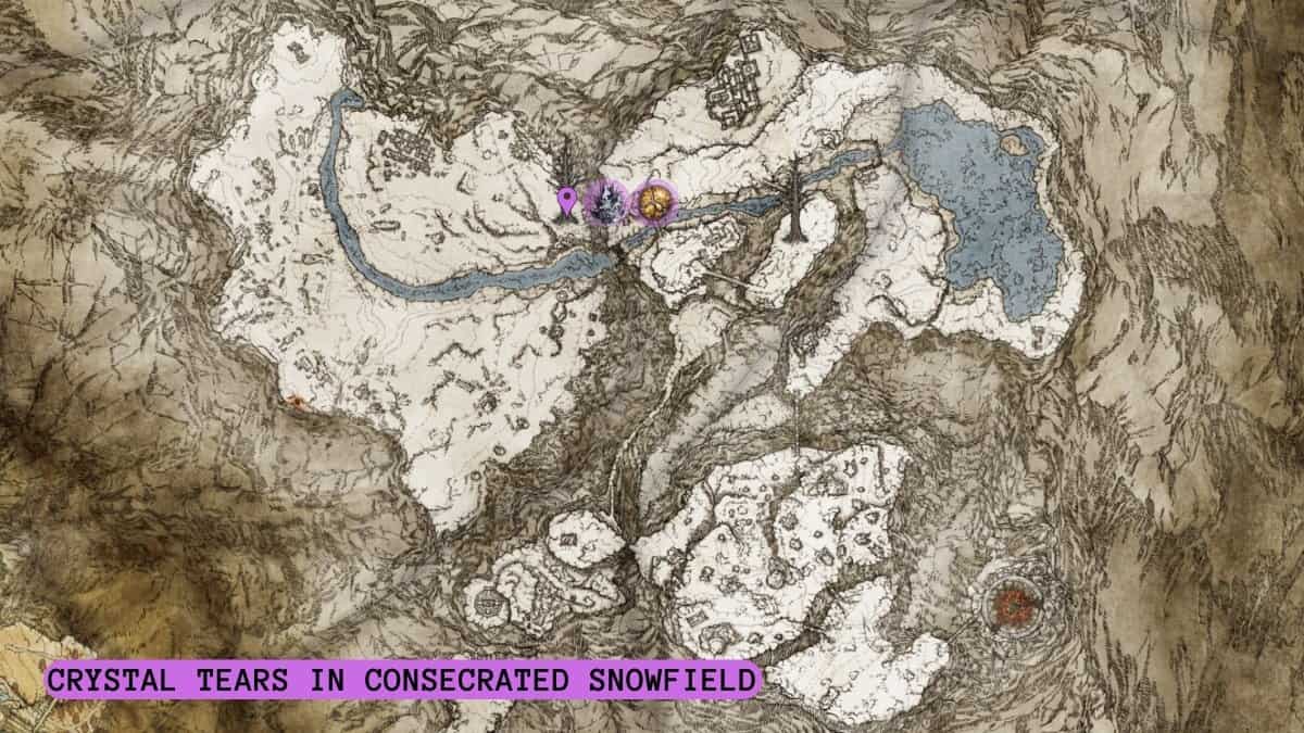 All Crystal Tears in Consecrated Snowfield highlighted on map.