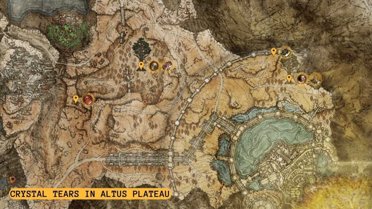 All Crystal Tears in Altus Plateau highlighted on map.