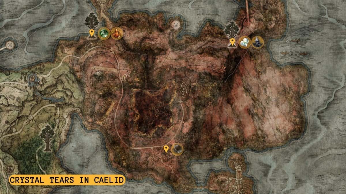 All Crystal Tears in Caelid highlighted on map.