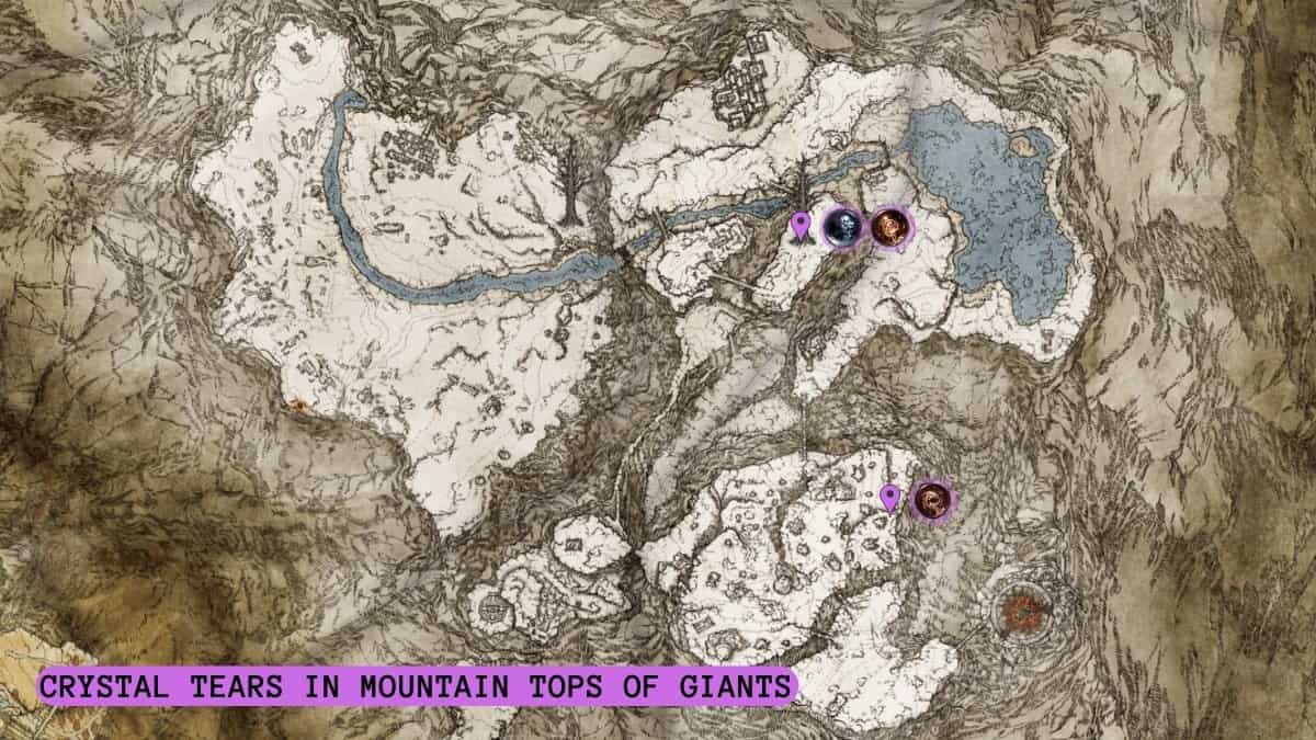 All Crystal Tears in Mountain Tops of the Giants highlighted on map.