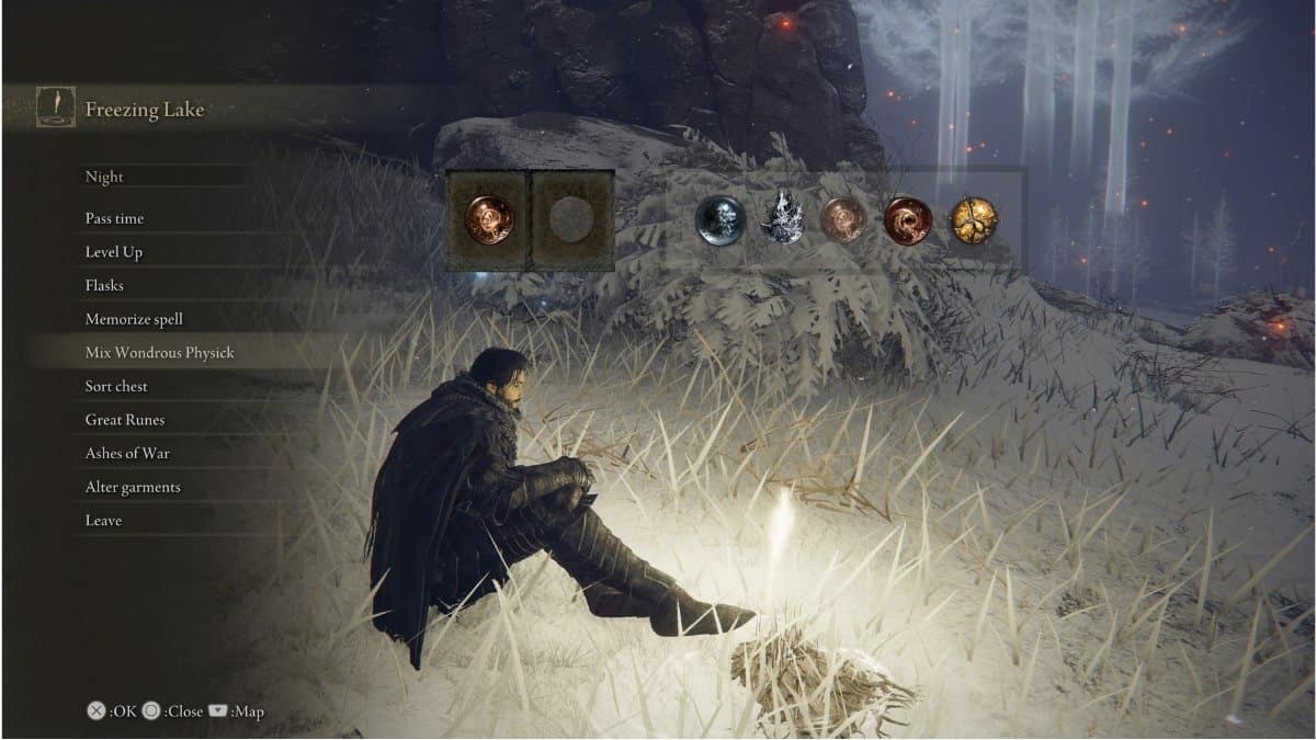 Character sitting at late-game site of grace, Freezing Lake.