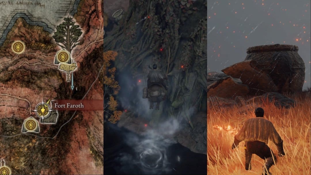 Elden Ring: Solution Map Location of Redmane Painting, Fort Faroth, and Spirit Spring in Caelid.