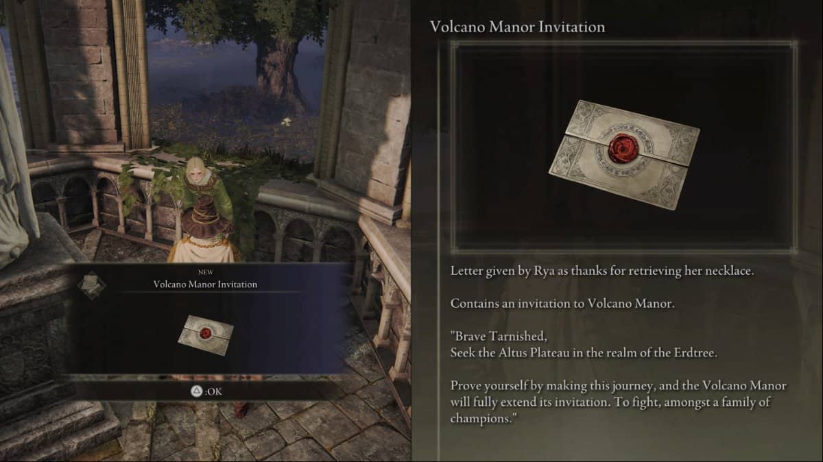 Elden Ring: Rya's giving the Tarnished an invitation letter to the Volcano Manor at Liurnia of the Lakes.