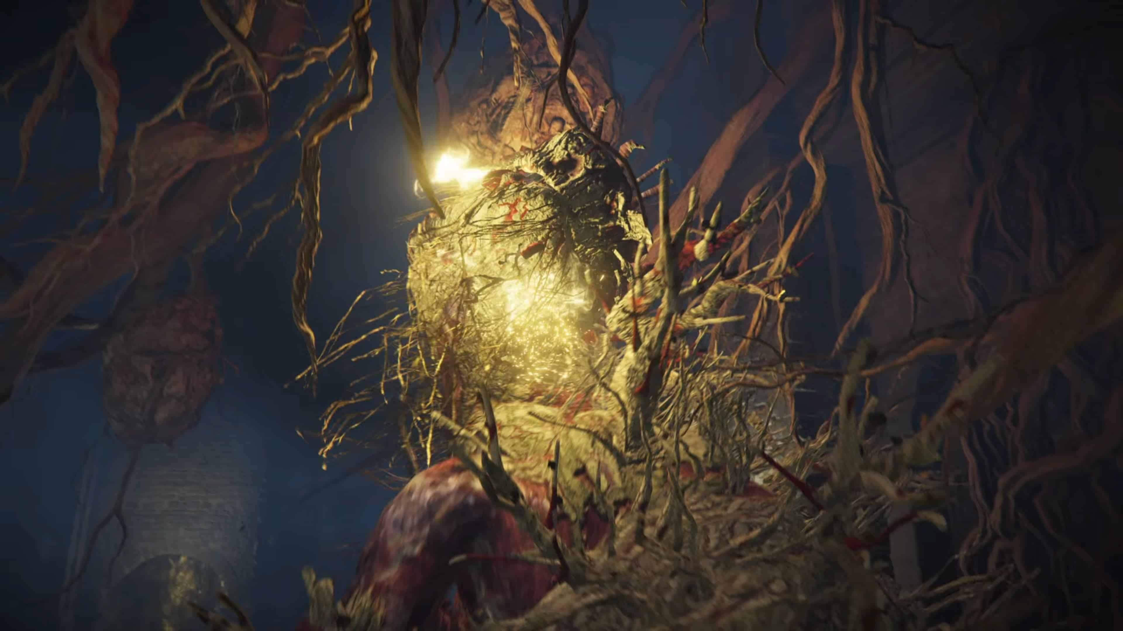Ulcerated Tree Spirit attacking Tarnished with Bite and Holy Breath inside its mouth.