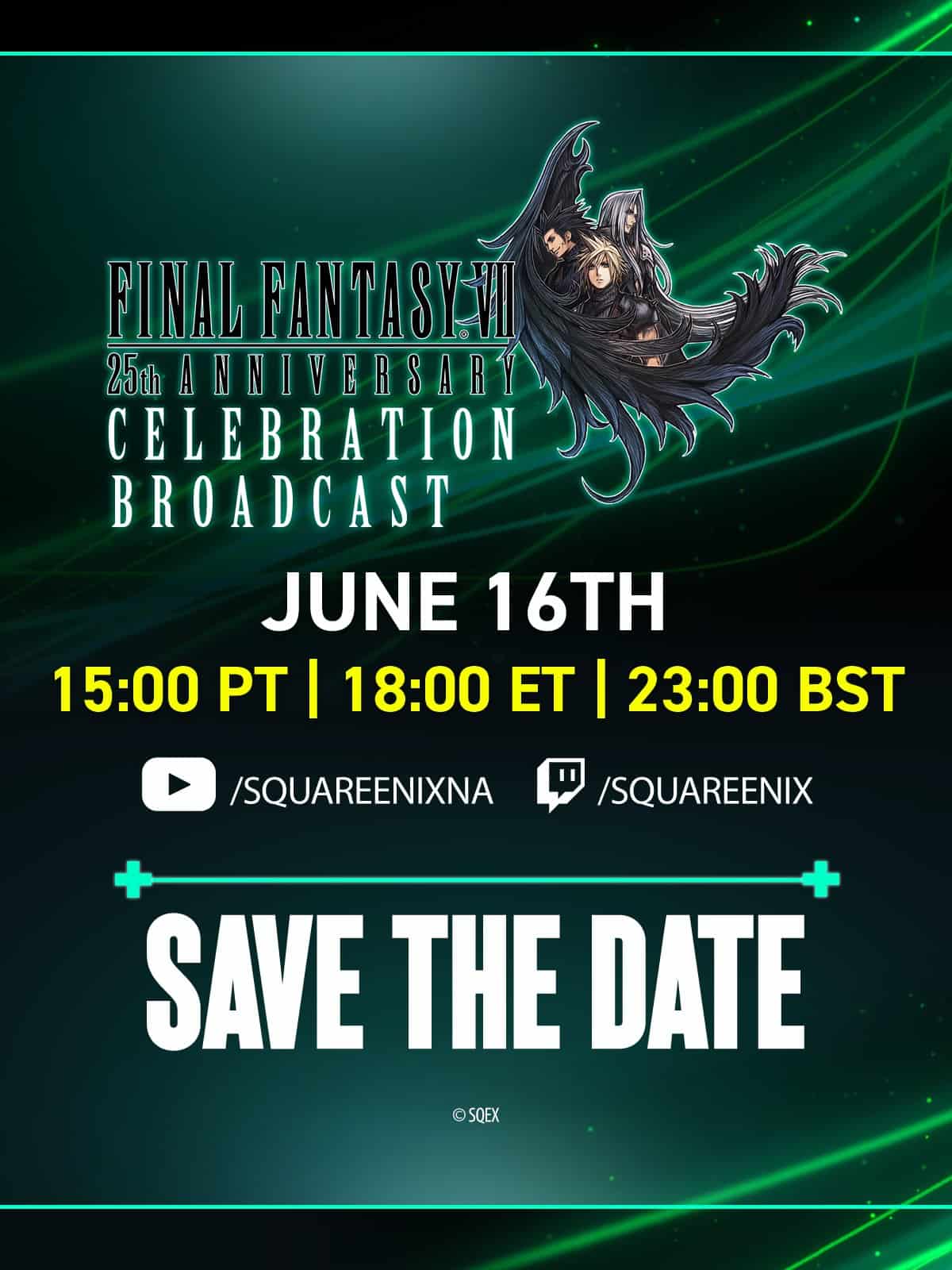 Final Fantasy 7 Livestream announcement poster with details on how to watch the livestream.