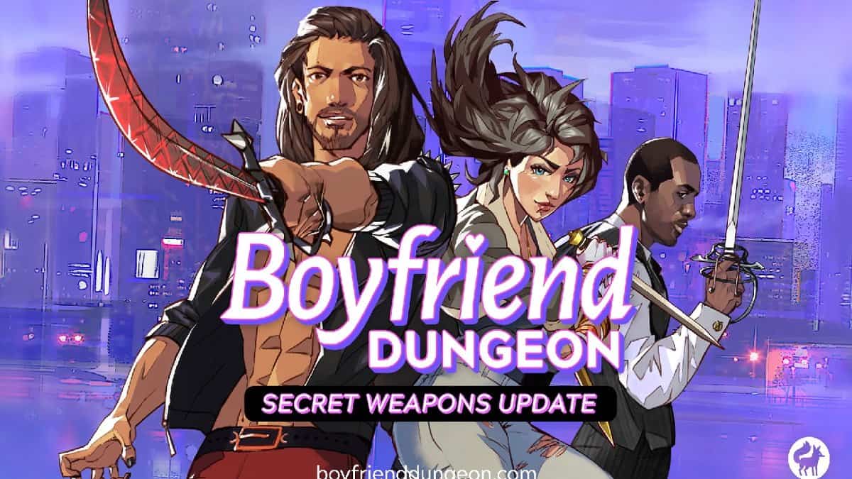Boyfriend Dungeon Secret Weapons Update cover photo, including Sunder, Valeria, and Isaac.