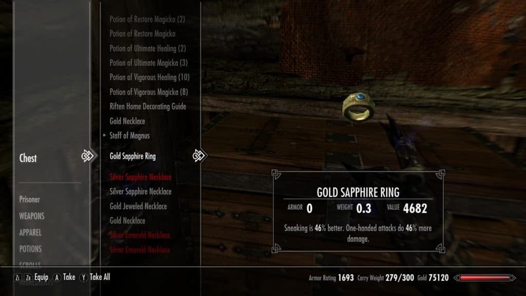 Example of an Enchanted Gold Ring in Skyrim.