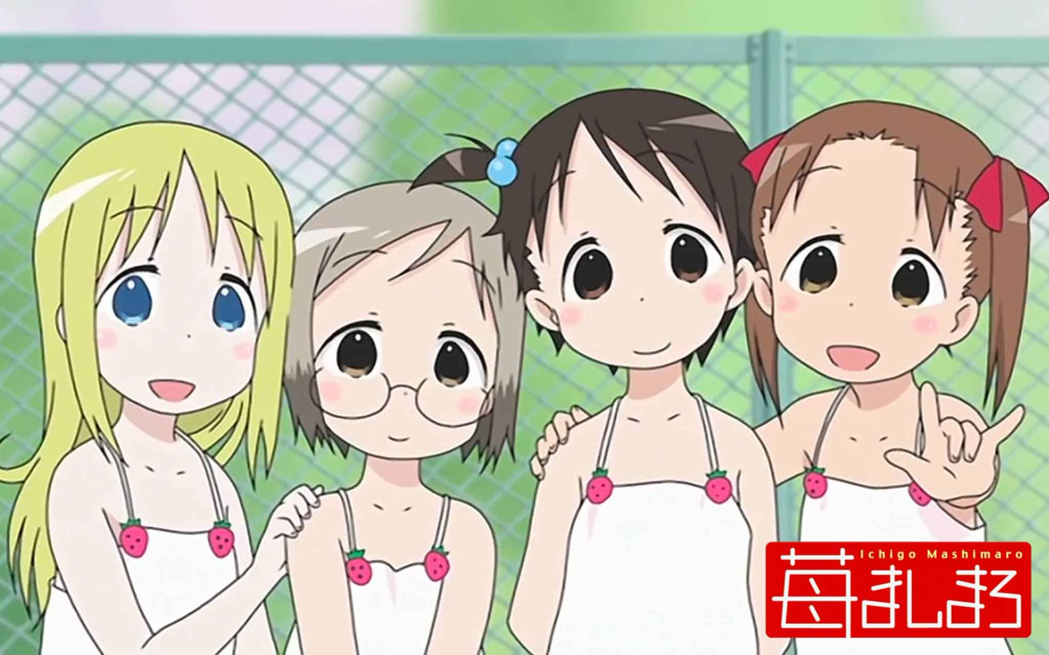 The four main characters from Ichigo Mashimaro smiling for the camera.
