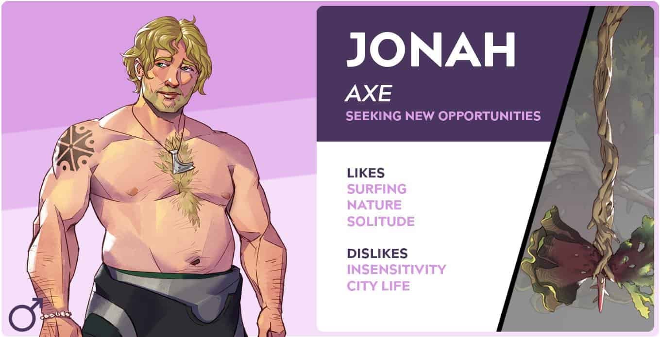 Jonah in human and weapon form, including his likes and dislikes.