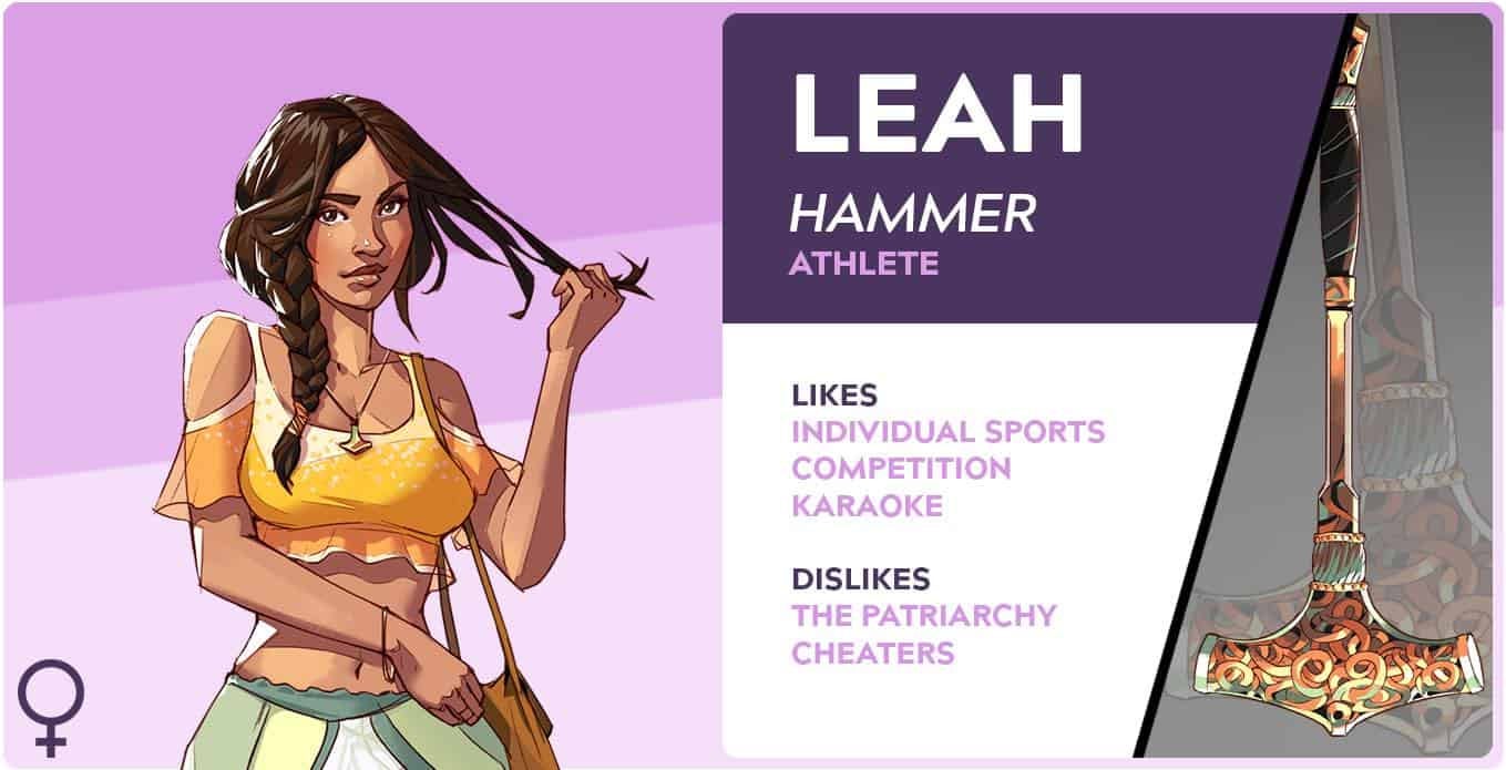 Leah in human and weapon form, including her likes and dislikes.