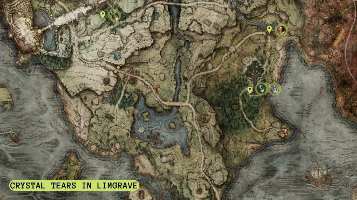 All Crystal Tears in Limgrave highlighted on map.