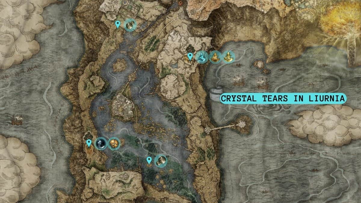 All Crystal Tears in Liurnia of the Lakes highlighted on map.
