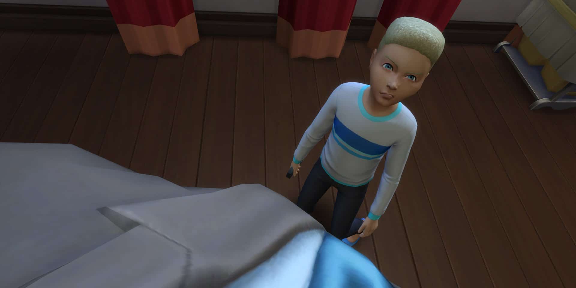 A Sim looks at a child in in a first-person gameplay in The Sims 4.
