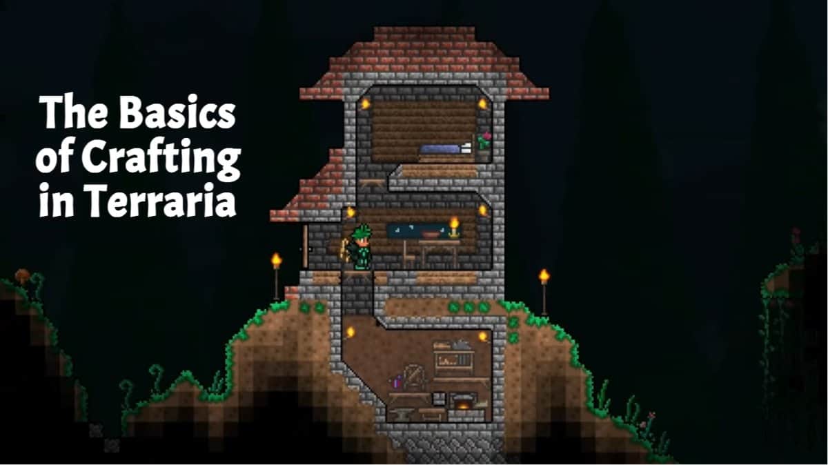 Player Ampex making a simple early-game crafting area in Terraria with basic crafting stations.