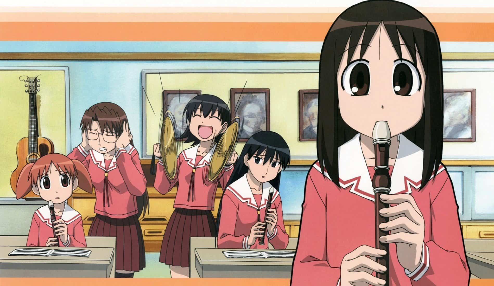 A poster showing the many characters from Azumanga Daioh, with Osaka playing the recorder in the front.