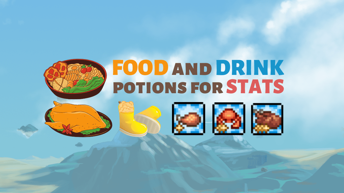 Terraria mountain background with examples of food in foreground.