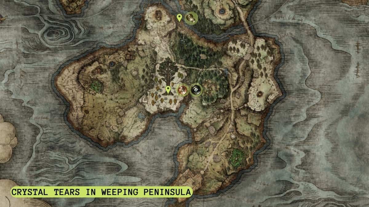 All Crystal Tears in Weeping Peninsula highlighted on map.