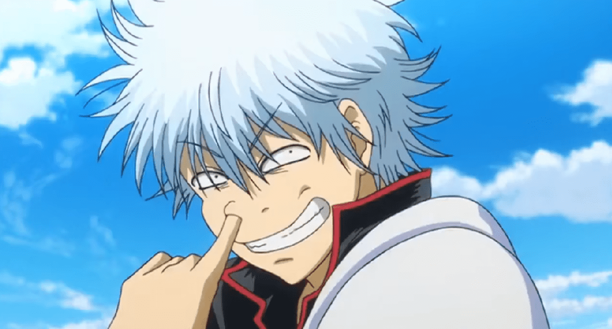 An image of the main character of Gintama with a finger in his nose.
