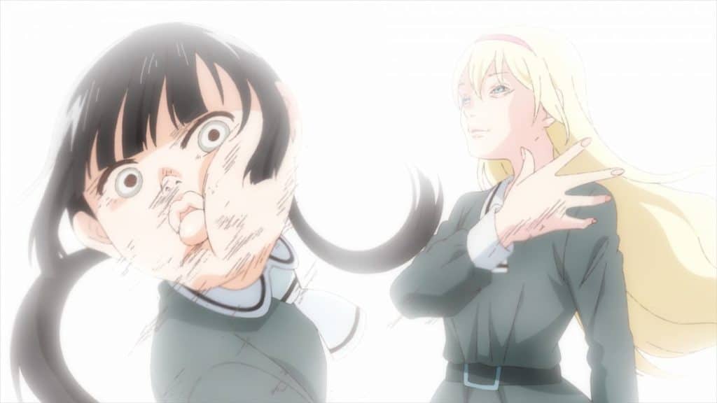 Hanako being slapped by Olivia in the anime series Asobi Asobase. 
