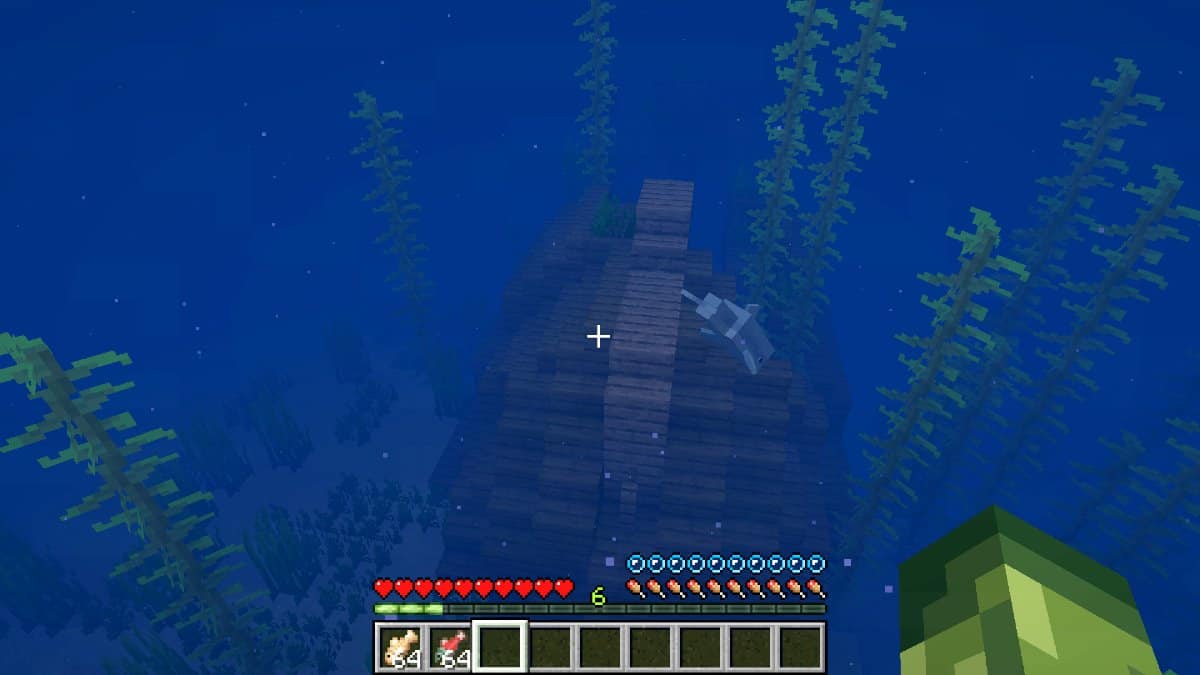 A dolphin swimming above a shipwreck in minecraft.