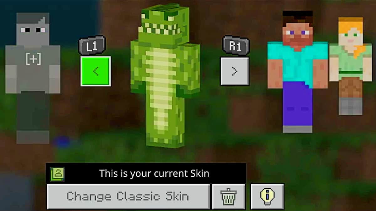 Close up of the dressing room menu in the bedrock edition. The current skin selected is one of a crocodile.