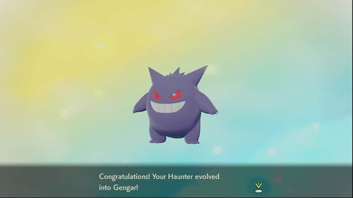 Gengar, which has just evolved from a Haunter. They are in front of a blue and yellow background with congratulatory text below them.