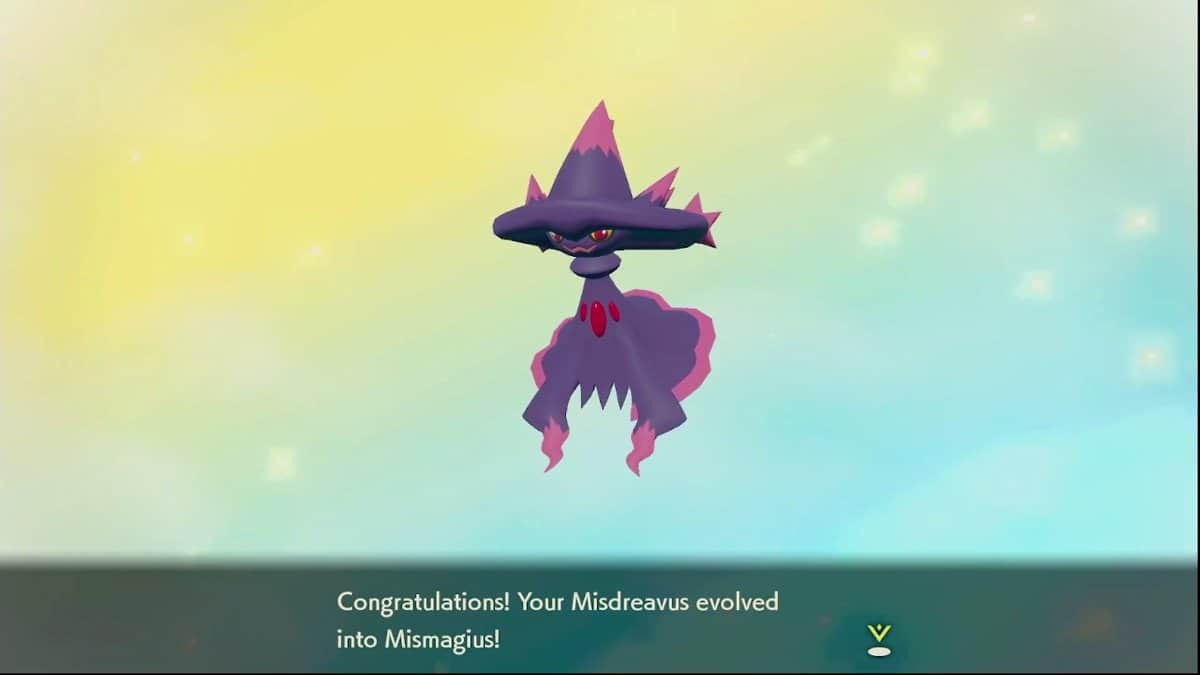 Mismagius floating in front of a yellow and blue background with congratulatory text underneath them.