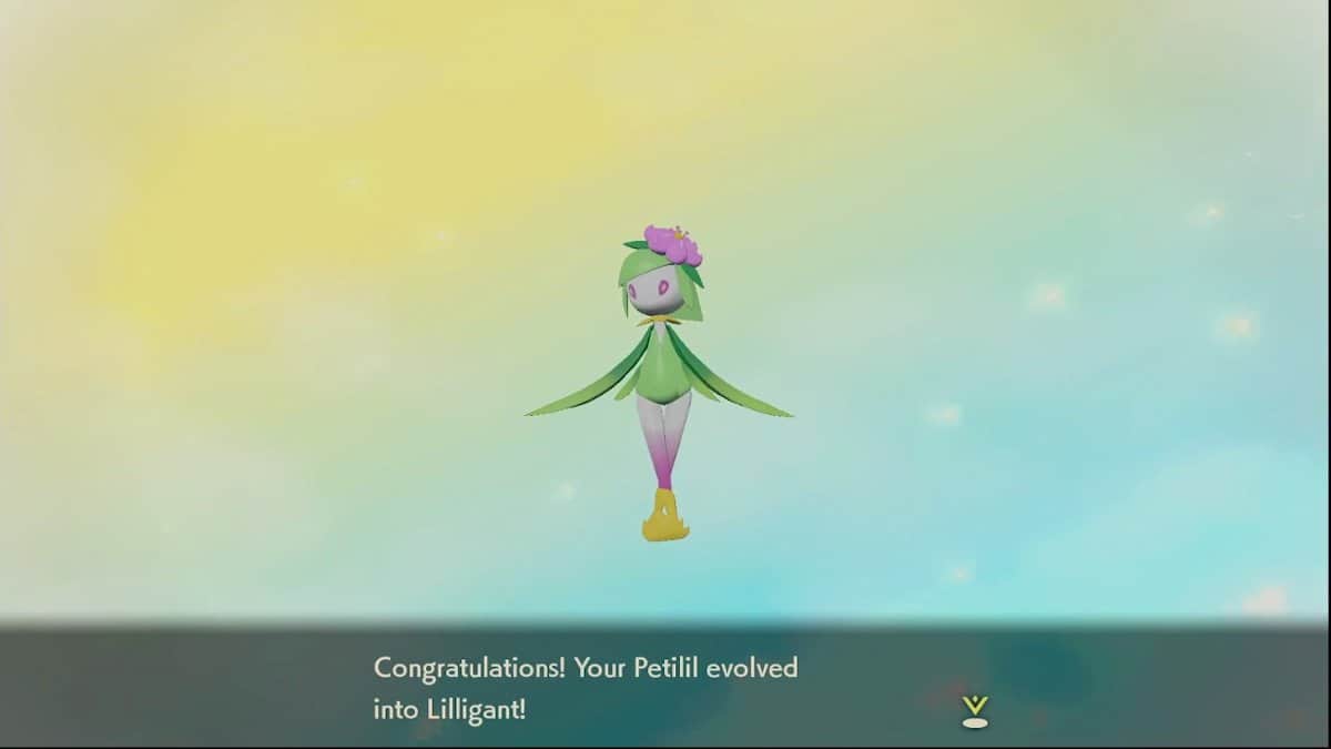 Lilligant standing in front of a yellow and blue background with congratulatory text beneath her.