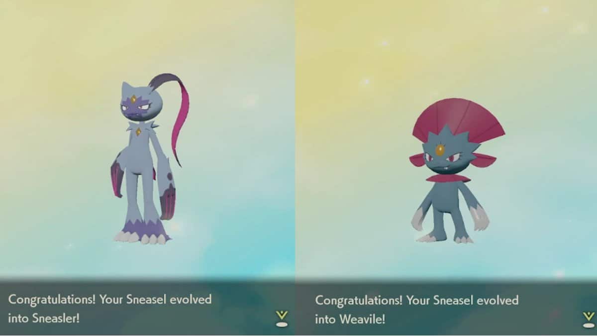 On the left is a Sneasler and on the right is a Weavile. Both are standing in front of a yellow and blue background with congratulatory text below them.