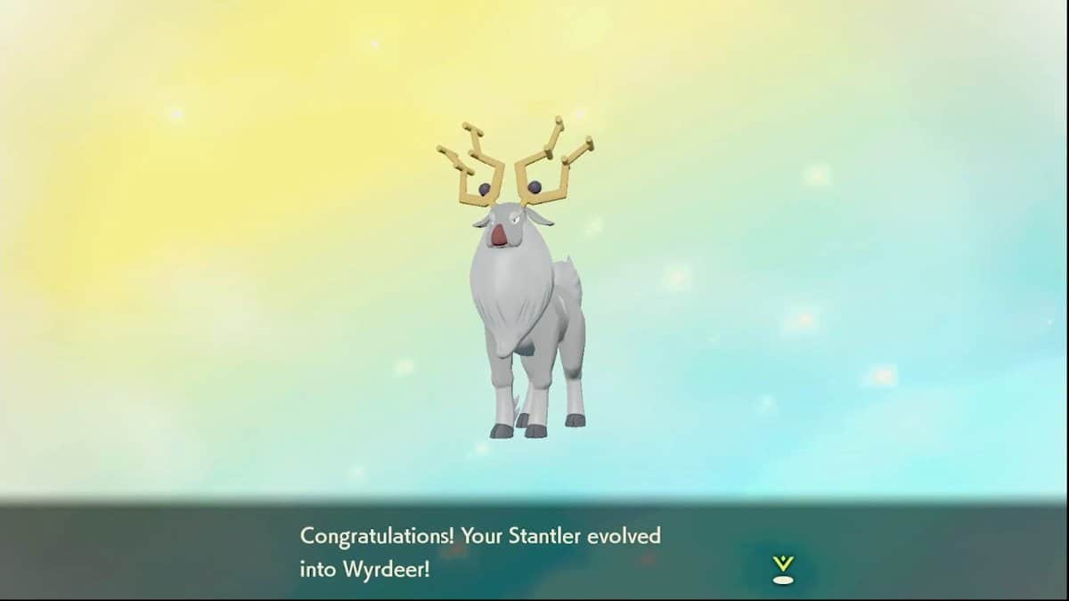 A wyrdeer standing in front of a yellow and blue background with congratulatory text underneath them.