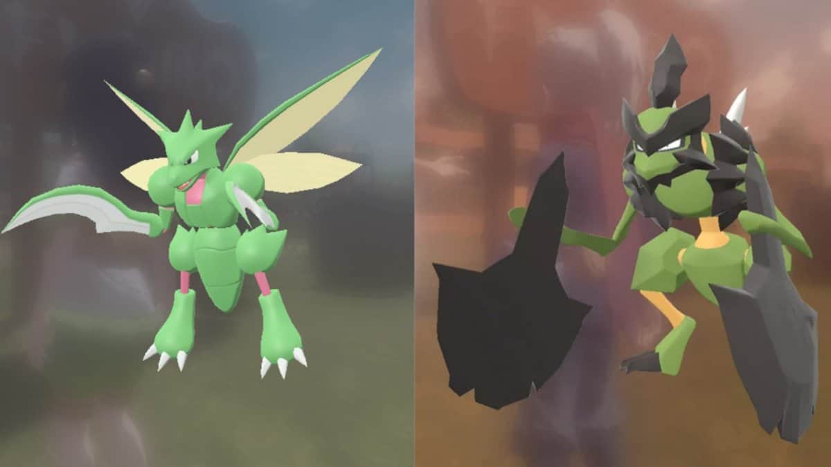 A shiny Scyther on the left and a shiny Kleavor on the right.