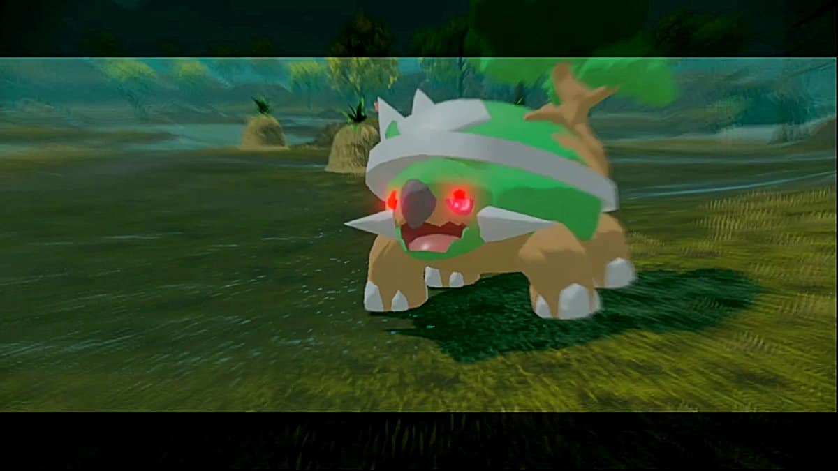 Close-up of an alpha Torterra roaring at the player as a battle against them begins.