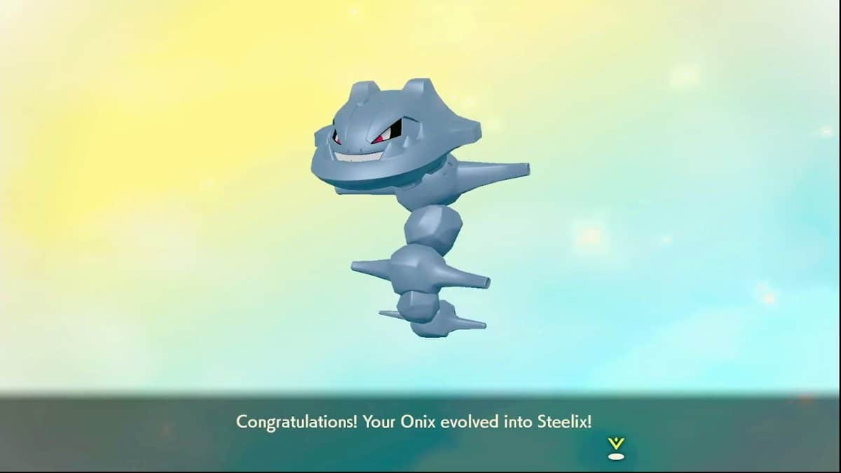 Steelix in front of a yellow and blue background with congratulatory text underneath them.