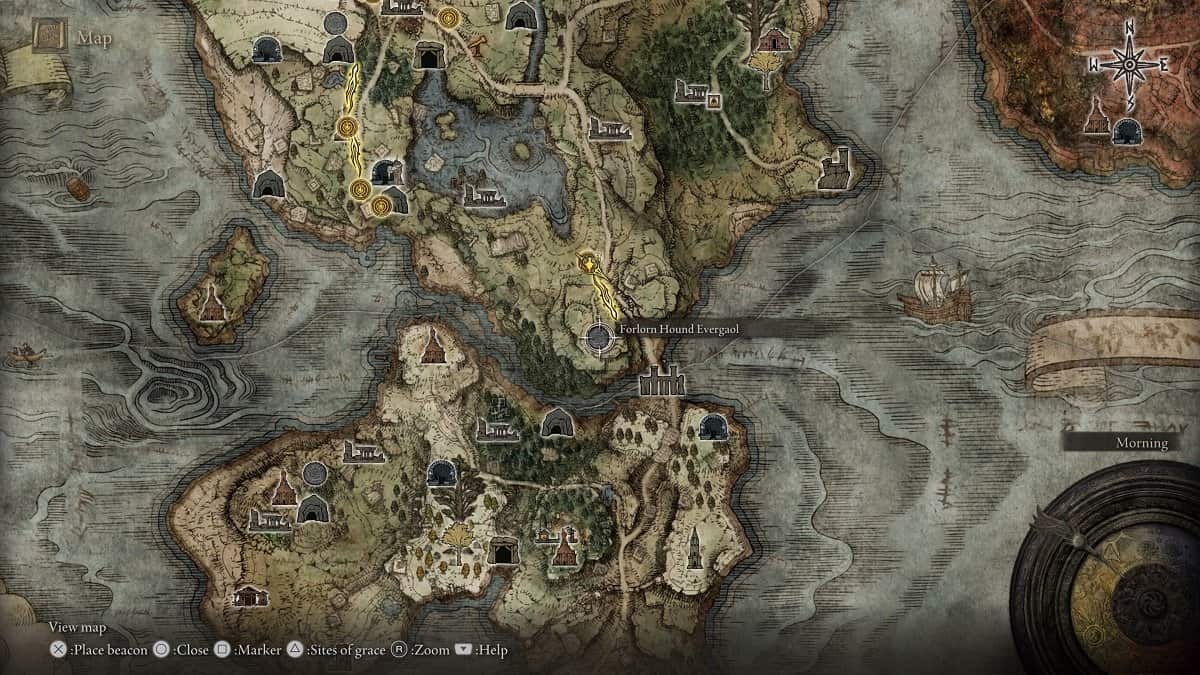 The location of Forlorn Hound Evergaol marked on the map.