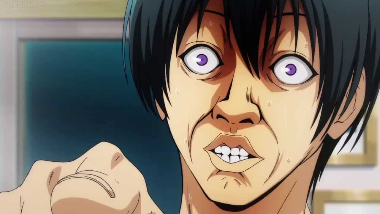 A character from Grand Blue making a ridiculously strange face.