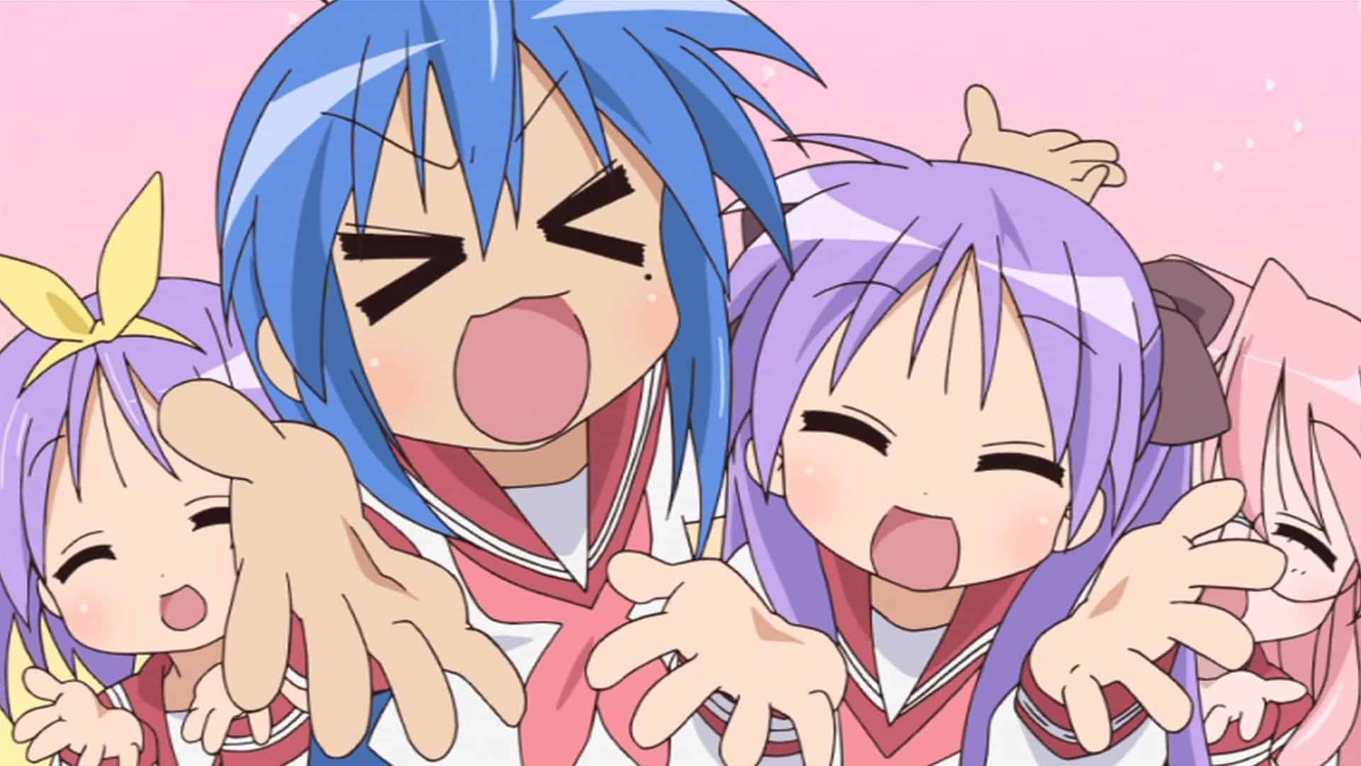 A screenshot of the four main characters from Lucky Star holding their hands to the camera.