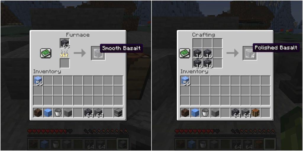 On the left is the player smelting basalt into smooth basalt by using a furnace and, on the right, the player is using 4 basalt on a crafting table to make 1 polished basalt.