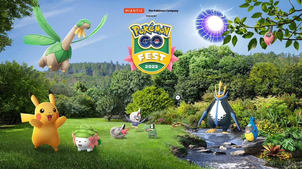 Numerous Pokémon with real nature background and Pokémon GO Fest logo.