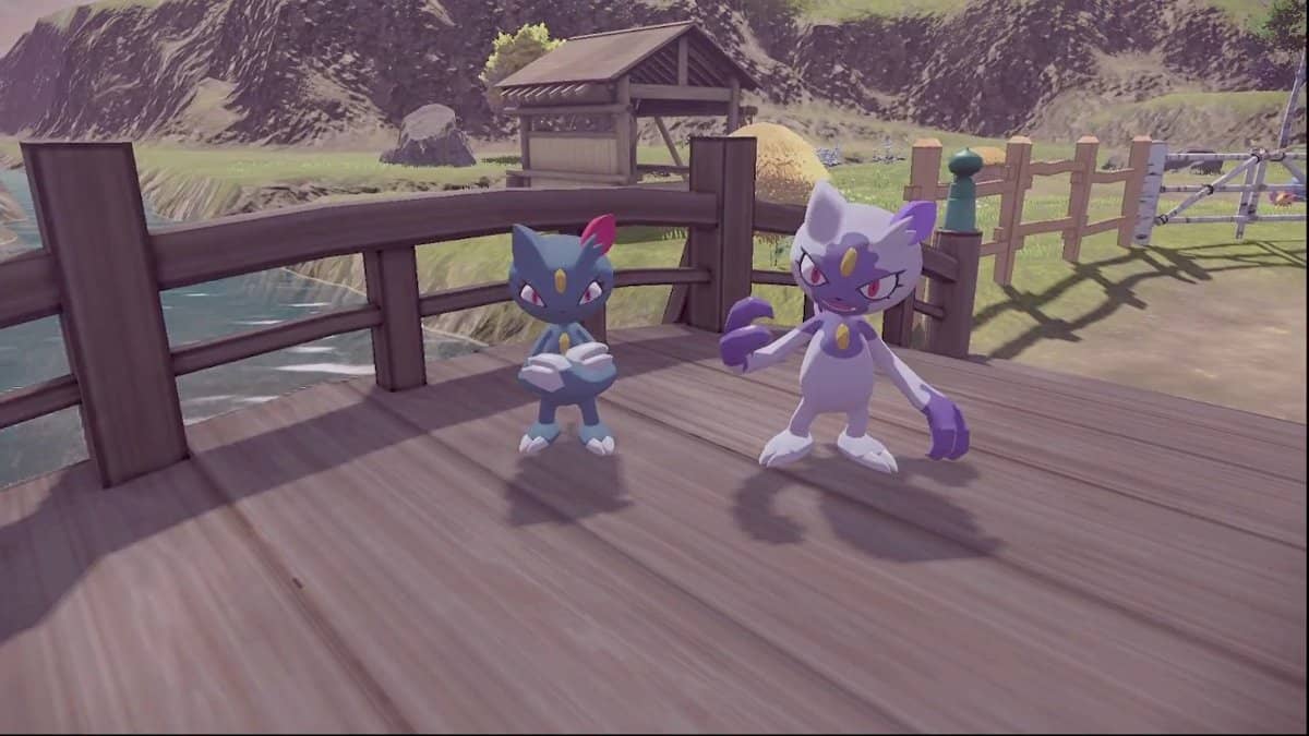 A regular Sneasel standing on the left while a Hisuian Sneasel stands on the right.