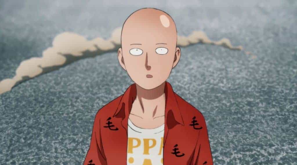 Saitama, the main character from One Punch man, looking at the camera in shock.
