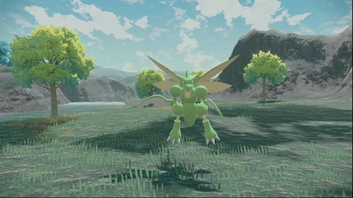 A Scyther flying in place in a field among some trees.