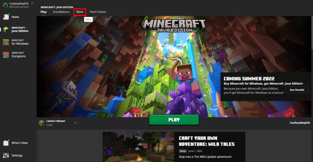 The skin tab outlined in a red box in the minecraft launcher menu at the top of the screen.