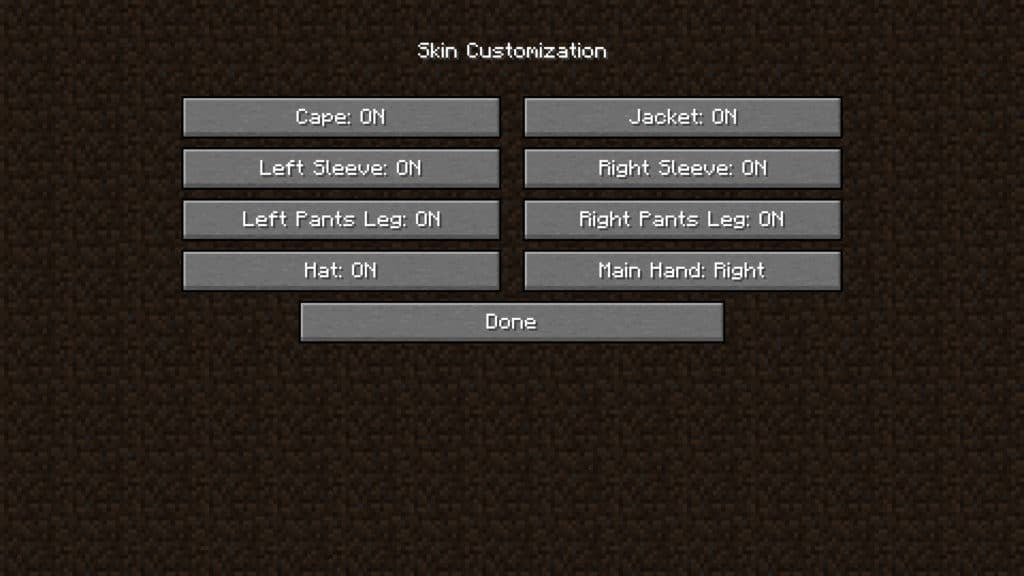 The skin customization screen found in the options menu. There are 8 different options, which include toggling the appearance of capes and hats as well as whether specific sleeves and pant legs are turned on.
