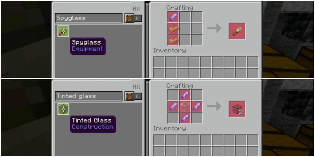 At the top is the crafting recipe for a spyglass, which needs 1 amethyst shard and 2 copper ingots. At the bottom is the crafting recipe for tinted glass, which needs 4 amethyst shards and 1 glass block.