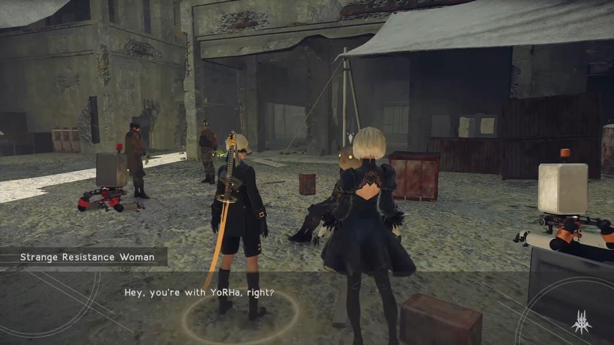 9S and 2B speaking to the Strange Resistance Woman.
