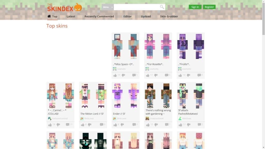 A webpage showing the top downloaded skins from minecraftskins.com.