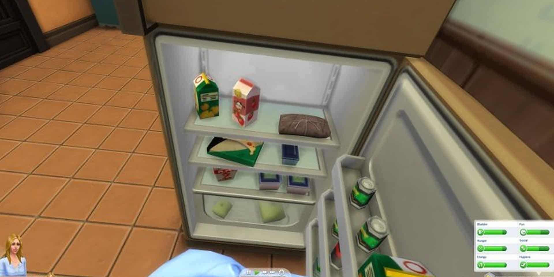 A Sim opens a fridge in the first-person gameplay in The Sims 4.