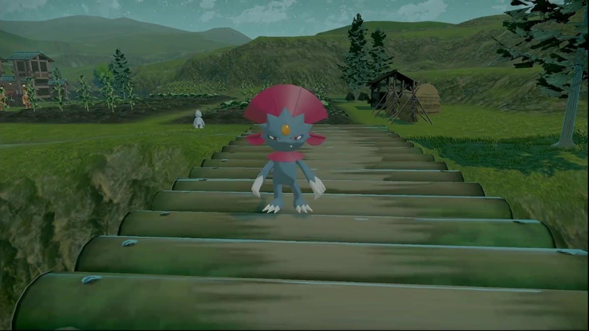A Weavile standing on a bridge in Jubilife Village at night.