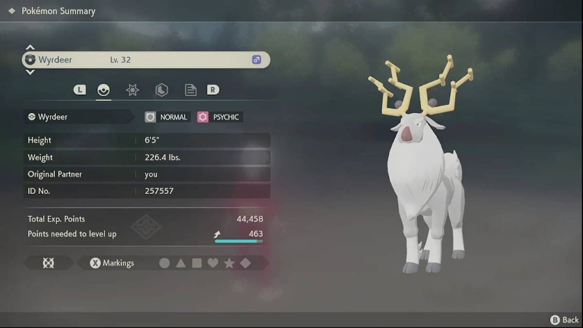 A screen showing information about Wyrdeer including their type and physical proportions.