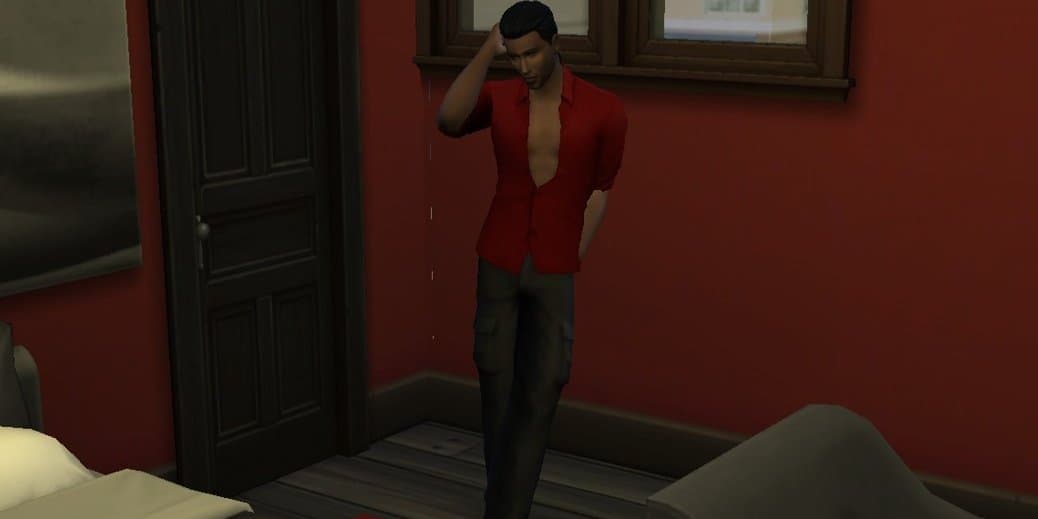 A Sim holds a pose inside a room in The Sims 4.